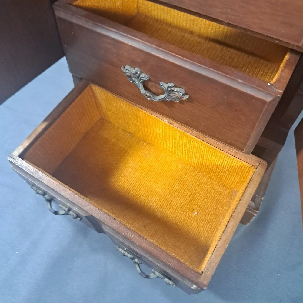 VTG Wooden Jewelry Armoire Music Box Cabinet Chest Brown Gold Boho Traditional